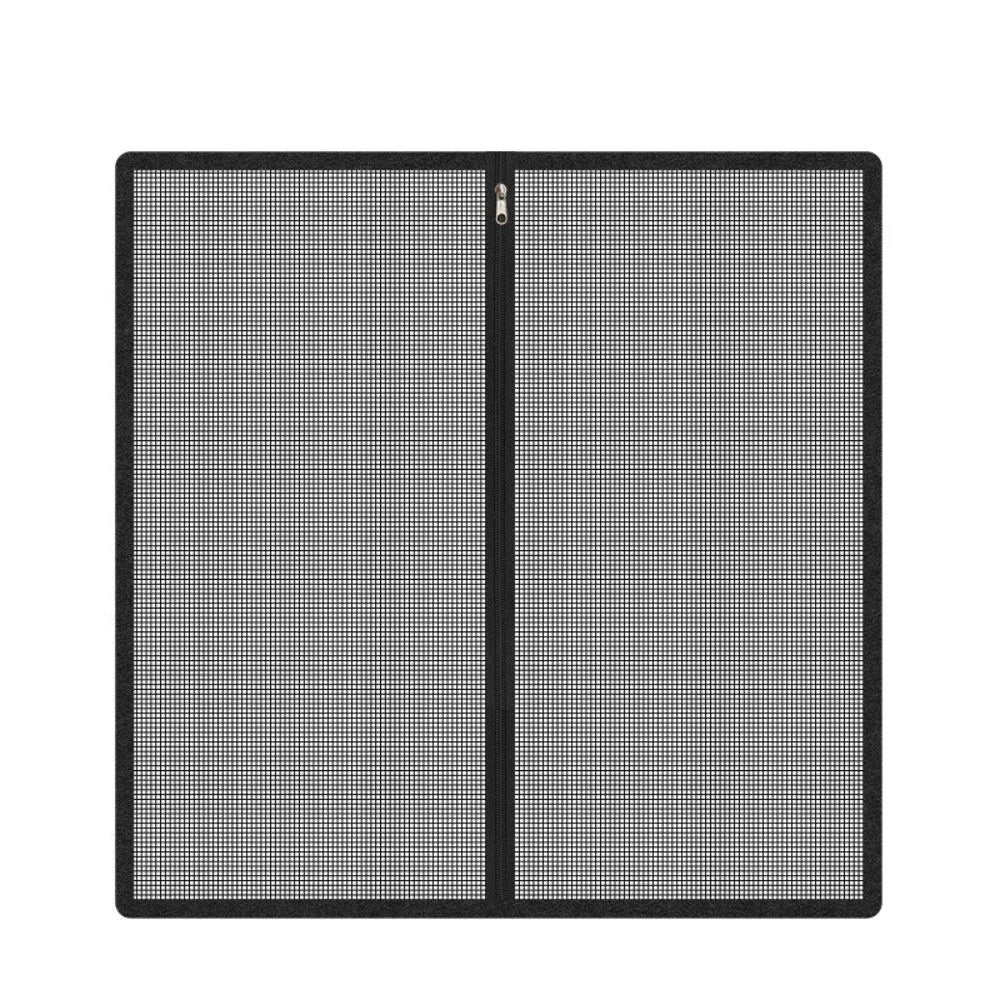 A black foldable metal mesh pet gate and barrier with a hinge visible on the center seam.