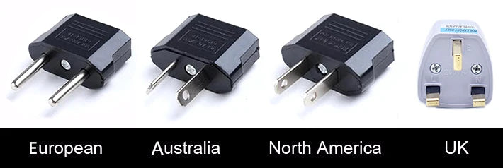 Four versions of an ultra-quiet submersible water pump for aquariums and ponds, labeled European, Australia, North America, a
