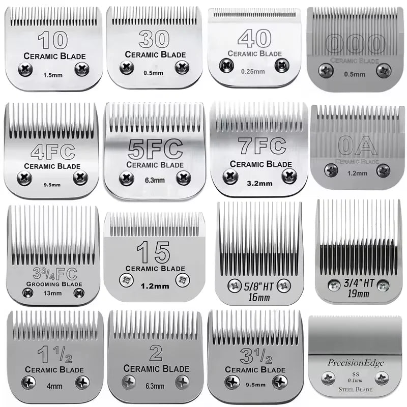 Collection de lames de toilettage en céramique de différentes tailles et nombres de lames pour tondeuses de pets.