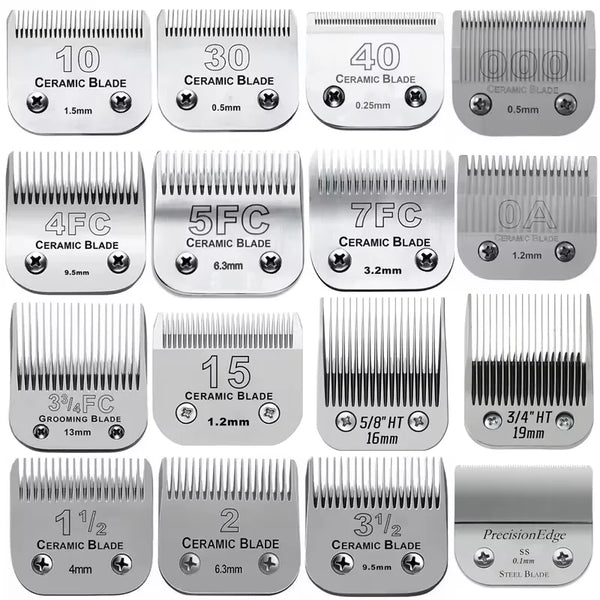 Collection de lames de toilettage en céramique de différentes tailles et nombres de lames pour tondeuses de pets.