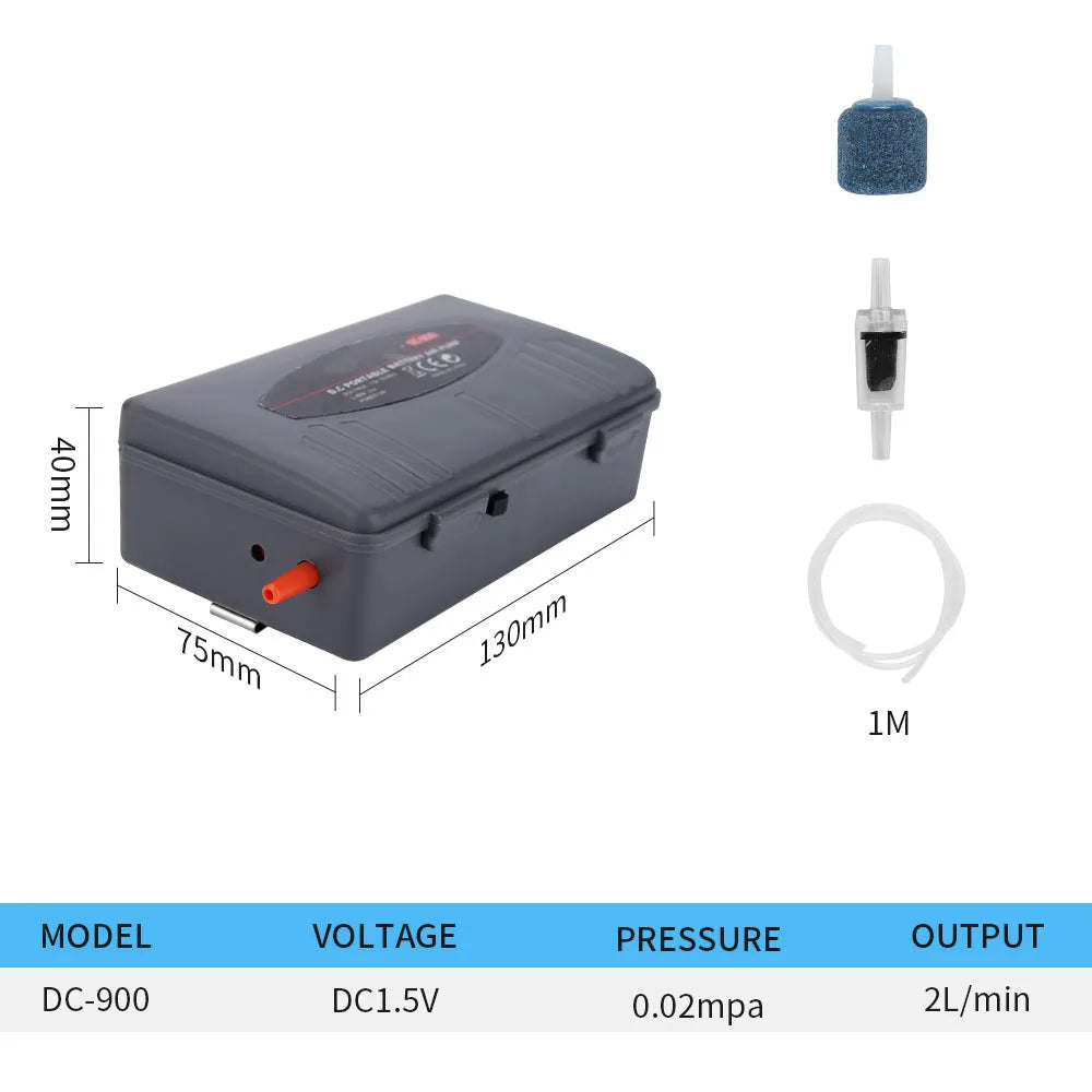 Portable backup oxygen pump for aquariums with a gray device, a blue filter, and a 1m hose.