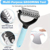 A close-up view of a multi-purpose grooming tool featuring a stainless steel comb for dematting and deshedding.