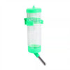 A clear plastic hanging drinker bottle with a green cap and a metal hook.