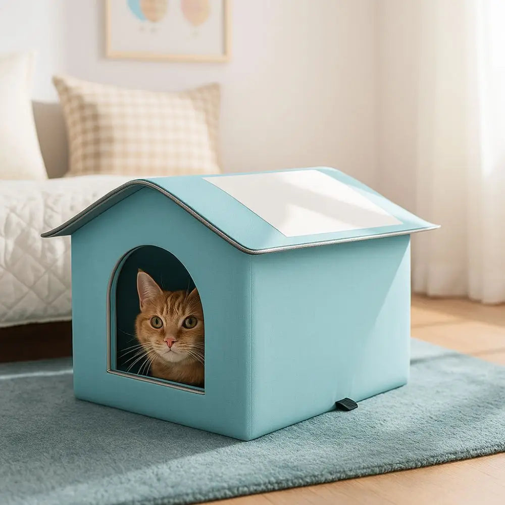 A light blue foldable waterproof insulated cat house with an arched entrance featuring a cat's face.