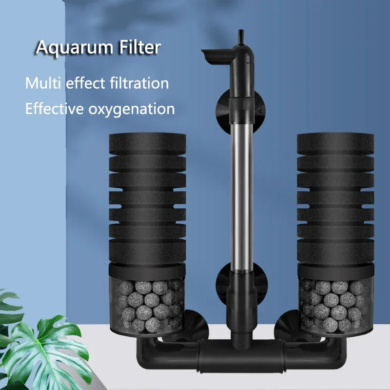 A black aquarium filter unit featuring a multi-effect design with surface skimmer components.