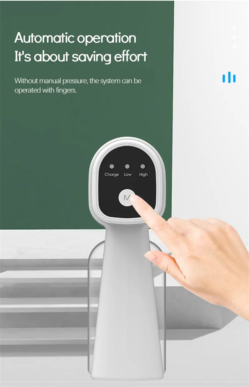 A hand is operating an electric nano steam disinfecting spray gun, which has Charge, Low, and High settings visible.