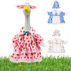 Niedliches Porzellan-Ganskostüm-Set mit rosa-roter Erdbeerdruckkleid und passenden Accessoires für Gartendekoration.