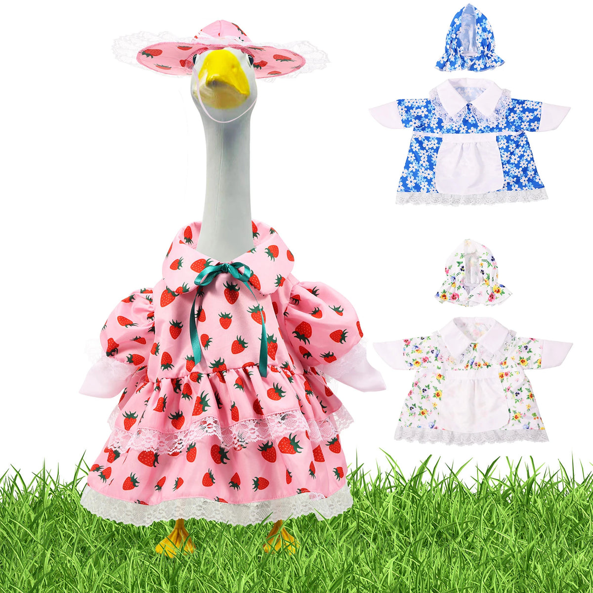 Niedliches Porzellan-Ganskostüm-Set mit rosa-roter Erdbeerdruckkleid und passenden Accessoires für Gartendekoration.