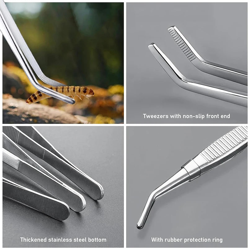 Stainless steel aquarium tweezers set showing various tips and features like non-slip ends and rubber protection rings