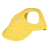 A yellow adjustable pet baseball cap with a curved brim and a loop for securing the fit.