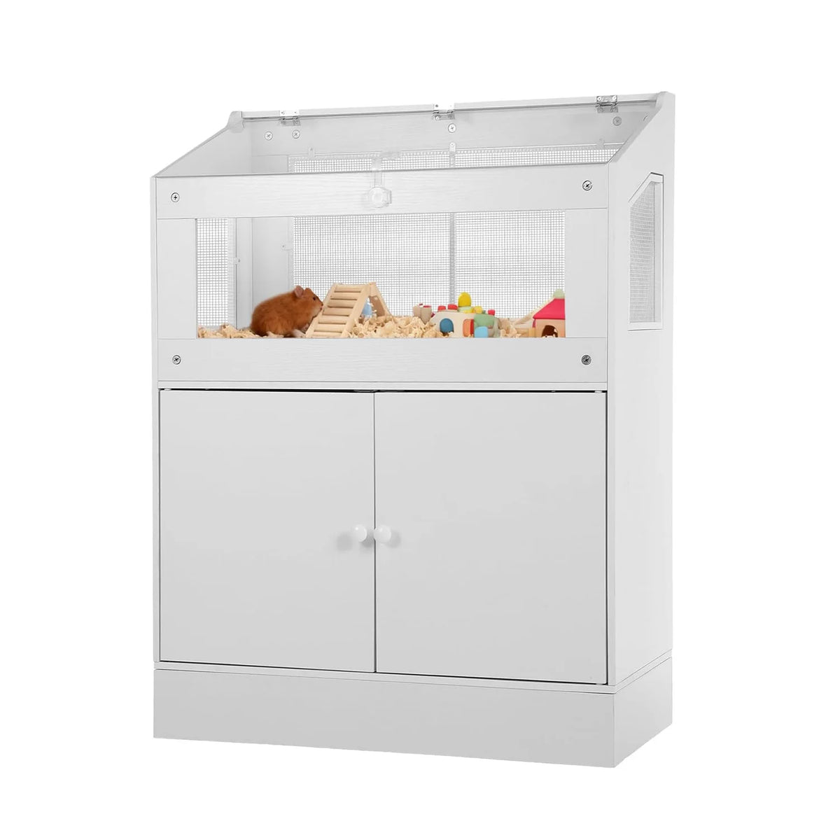 Weiße Acryl-Haustier-Gehege mit klarem Sichtfenster und Unterschrank darunter.