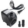 A black submersible water pump with a coiled wire and various connectors is shown.