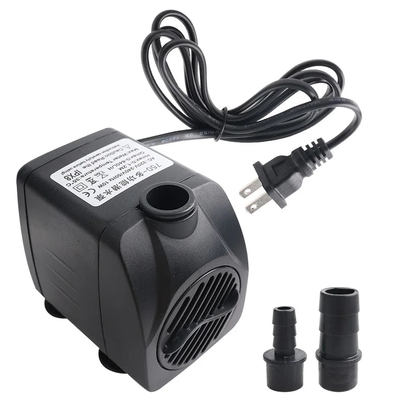 A black submersible water pump with a coiled wire and various connectors is shown.