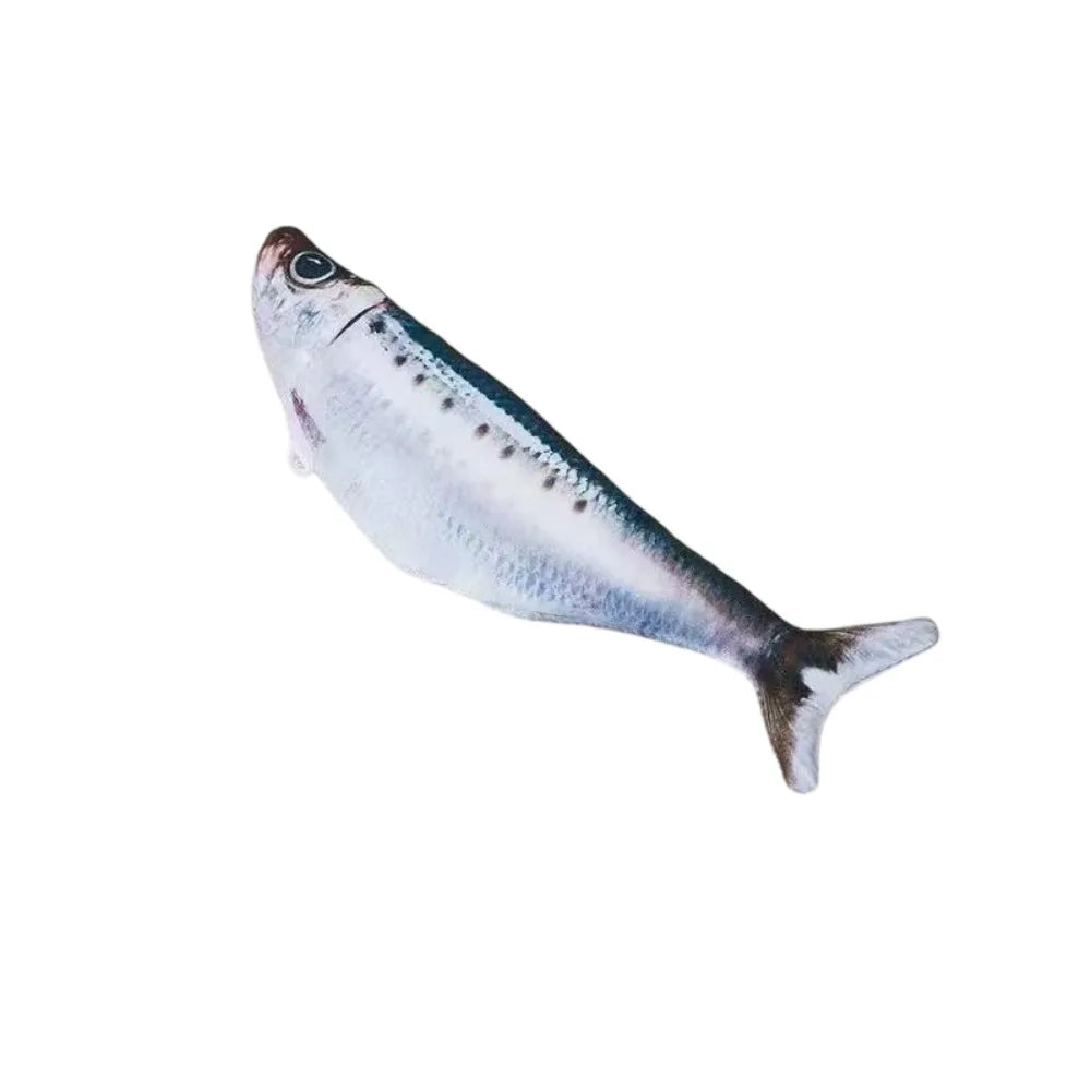 A small, silver fish-shaped interactive cat toy with a charging simulation feature.
