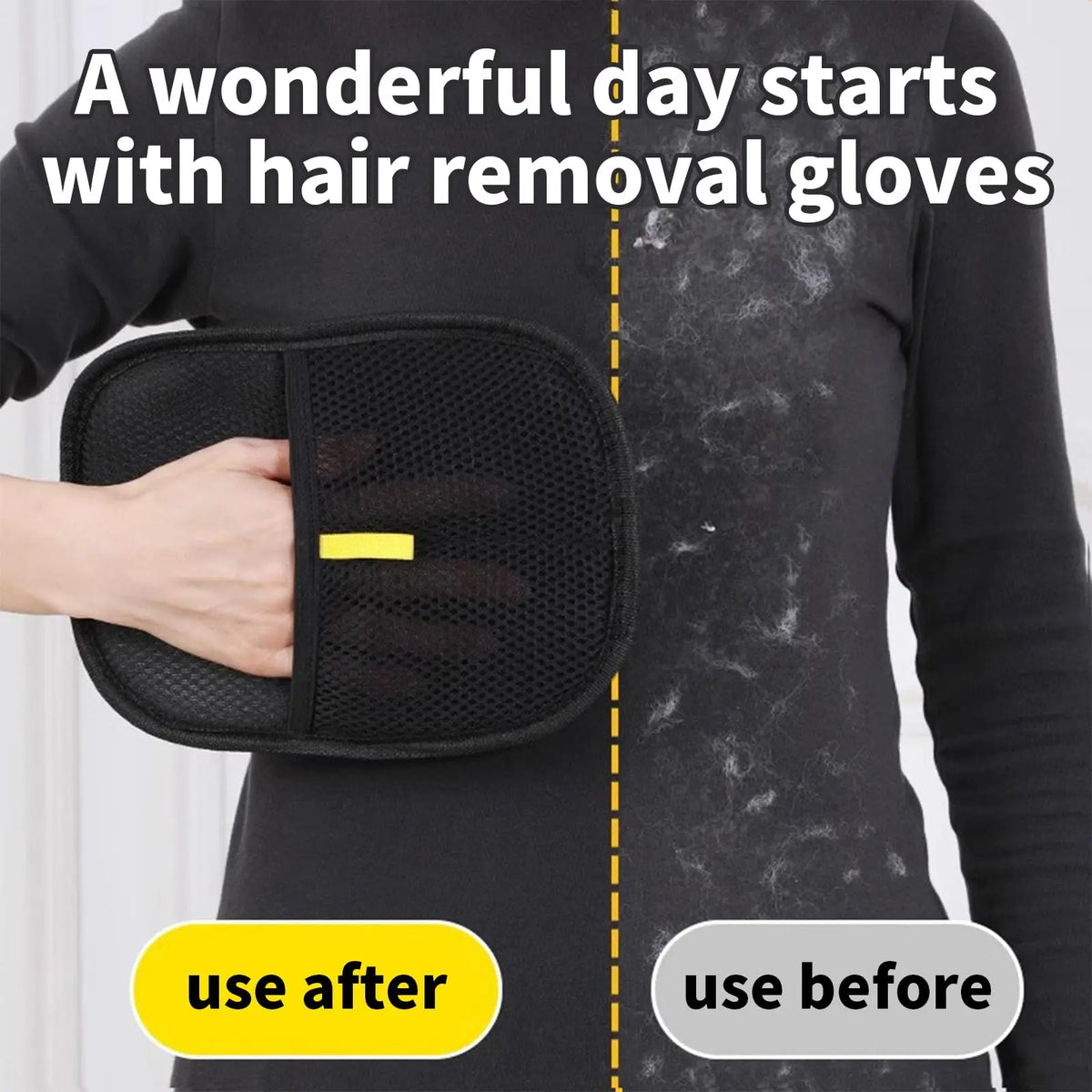 A hand is removing pet hair from a black garment using a black silicone glove for hair removal.