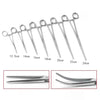 A set of stainless steel hemostatic forceps with various lengths displayed in a row.