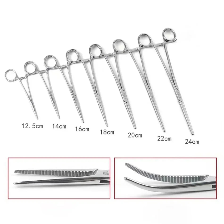 A set of stainless steel hemostatic forceps with various lengths displayed in a row.