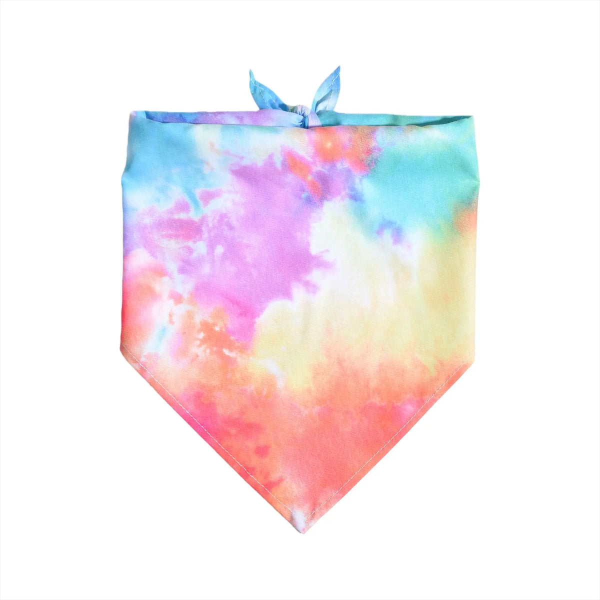 A square fabric pouch tie-dye in shades of pink, purple, and blue with a blue tie at the top.