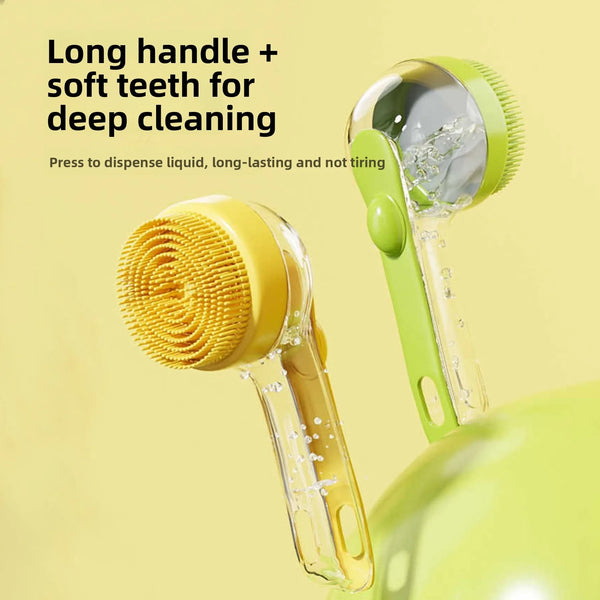 A yellow silicone pet grooming bath brush with a long handle and soft teeth for deep cleaning.