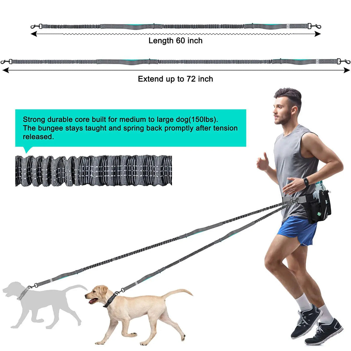 A person is holding a reflective dog leash with a storage bag, demonstrating its use with a dog.
