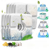 A set of white, multi-layer replacement filters for a cat water fountain is shown alongside the assembled filter and individu