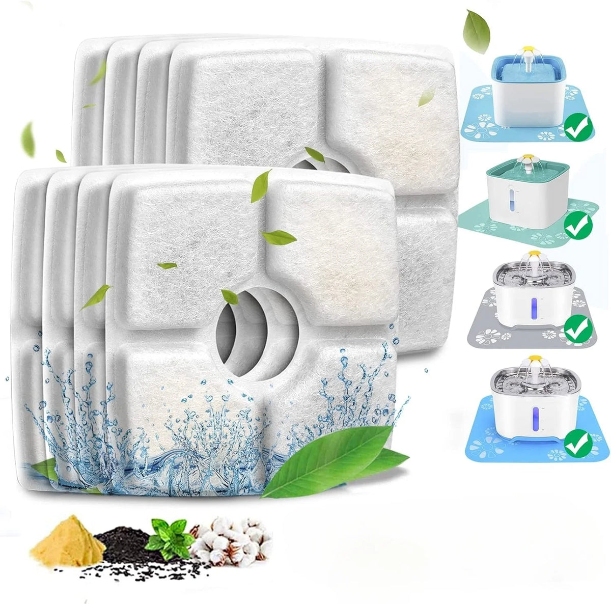 A set of white, multi-layer replacement filters for a cat water fountain is shown alongside the assembled filter and individu