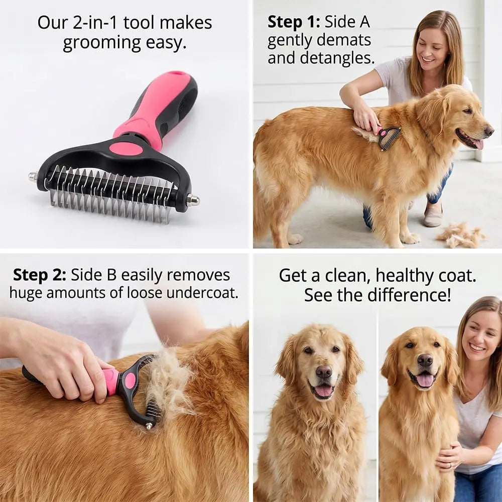 A two-in-one grooming tool used to gently detangle and remove loose undercoat from a dog's coat.