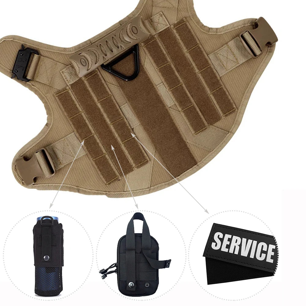 A tan durable dog harness and leash set for training and walking, shown with individual components.