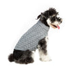 Un petit chien duveteux portant un pull tricoté gris avec du pelage noir et blanc.