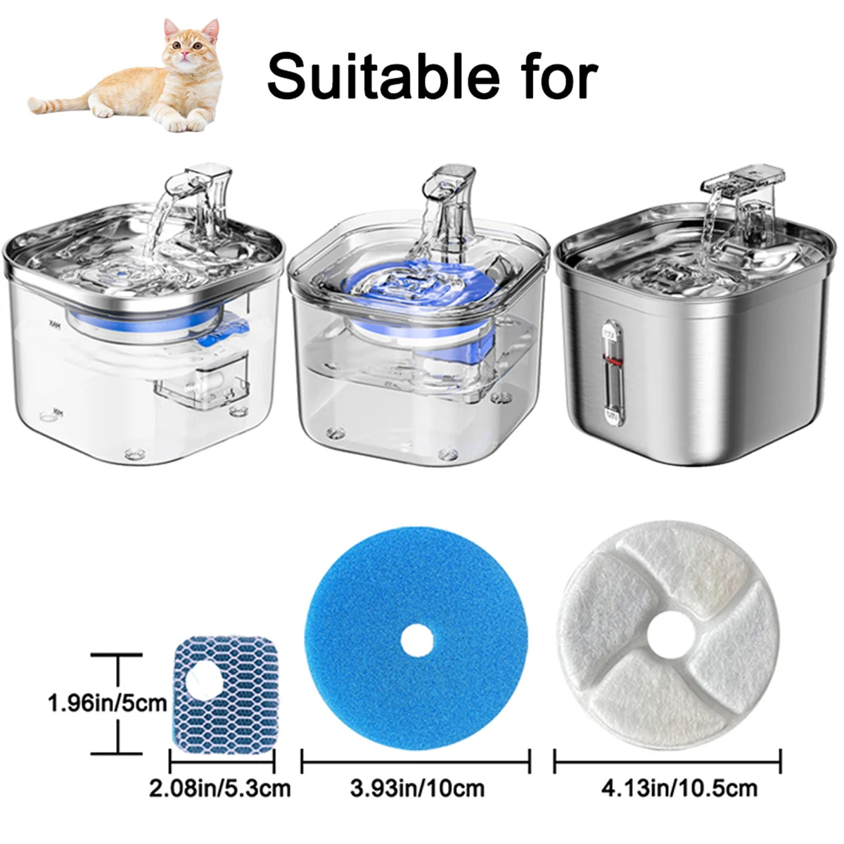 Replacement filters for a cat water fountain showing various sizes and dimensions.