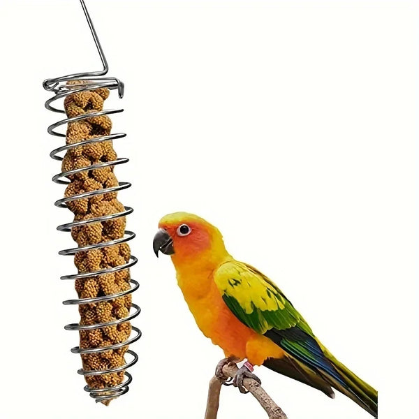 Stainless steel parrot forager feeder with a spiral fruit basket and a yellow parrot