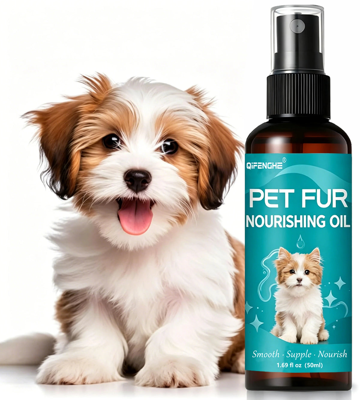 Ein kleiner, flauschiger Hund schaut in die Kamera neben einer dunklen Flasche Pet Fur Pflegeöl.