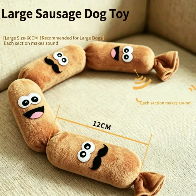 A plush sausage dog toy made of brown fabric with embroidered features and sound-making sections.