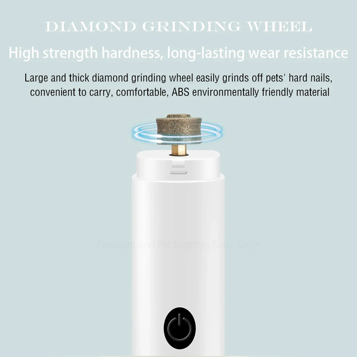 A white rechargeable electric diamond grinding wheel device for pet nail grooming is shown.
