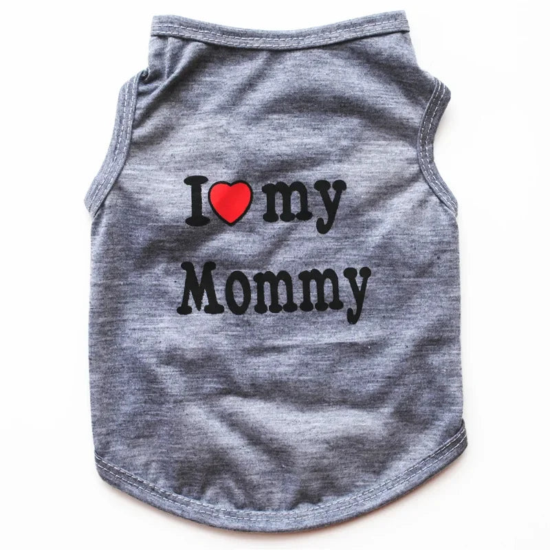 Gray vest with red heart print that says I love my Mommy