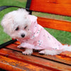 A small white dog wearing a pink cartoon printed raincoat sitting on an orange wooden bench.