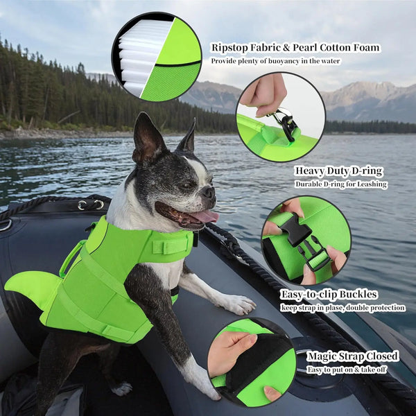 A bright lime green dog life jacket with Ripstop fabric and pearl cotton foam is shown on a dog in a kayak or canoe.