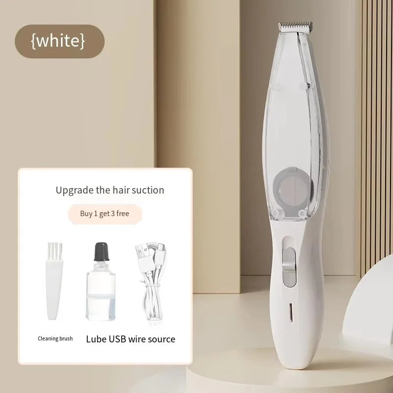 Weißer 2-in-1 Tierhaare- und Ohrentrimmer mit Sauger eingesetzt neben Pflegewerkzeugen.