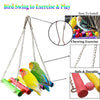 A natural wooden swing and chewing toy for parrots, featuring chains and colorful blocks for exercise and play.