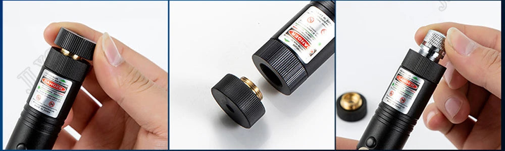 Eine Hand hält eine schwarze tragbare LED-Laserpointer-Trainingslampe, die das Gehäuse und die Spitze des Geräts zeigt.