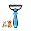 A blue undercoat rake dematting comb tool for dogs and cats shown next to a cat and a dog.