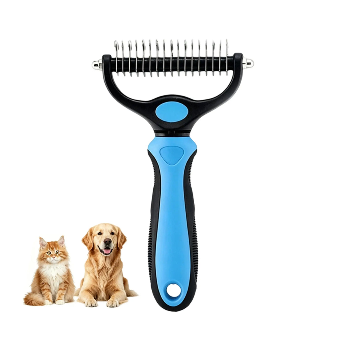 A blue undercoat rake dematting comb tool for dogs and cats shown next to a cat and a dog.