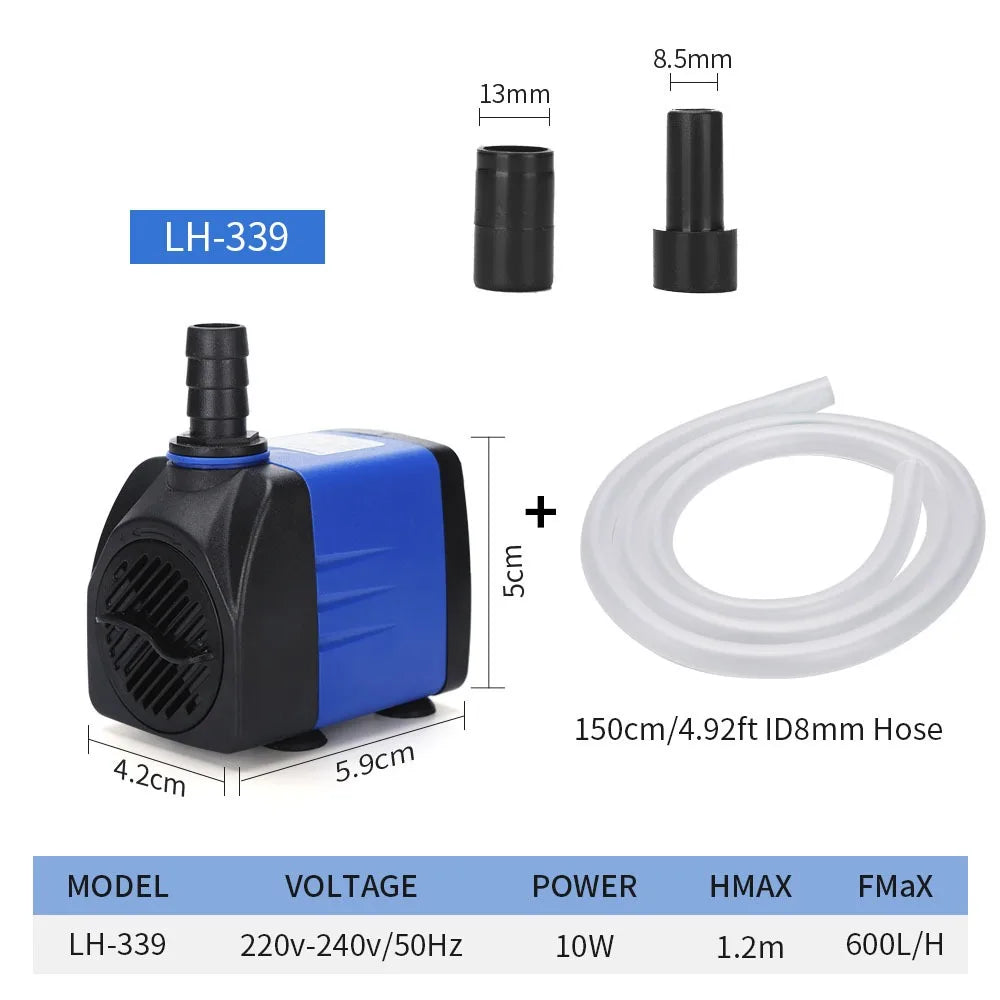 LH-339 submersible pump with hose and components shown next to the main unit.