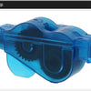 A clear blue bike chain cleaner tool featuring a plastic body and a rotating brush system.