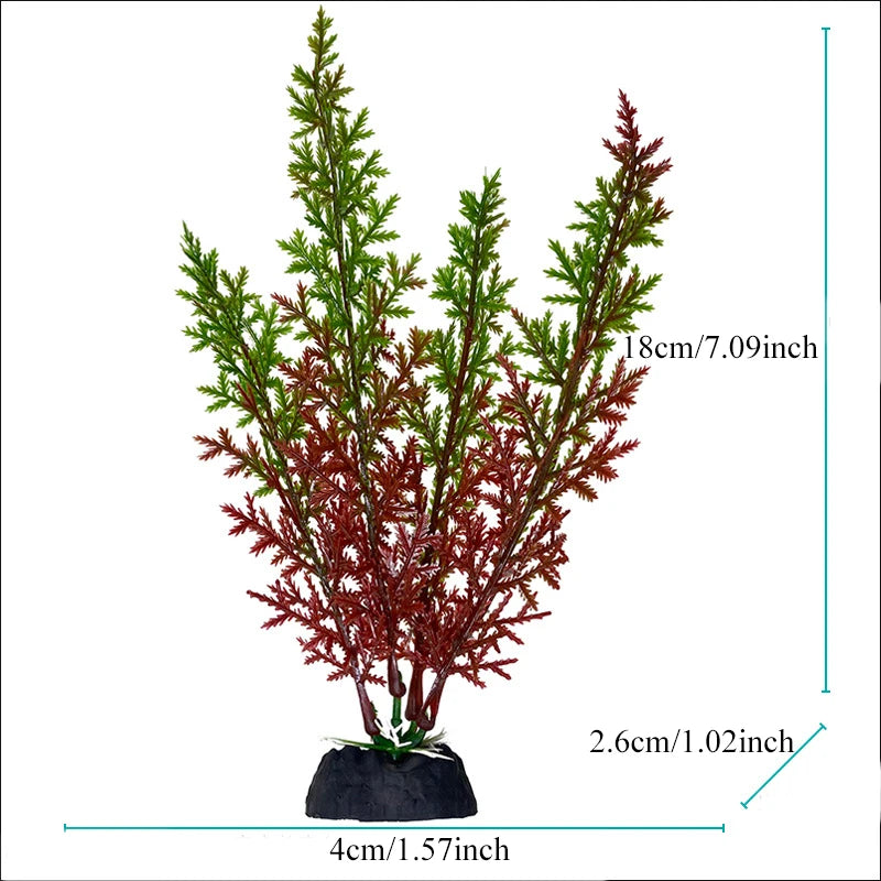 Une petite plante aquatique artificielle et touffue aux feuillages vert-rouge displayed dans un pot.