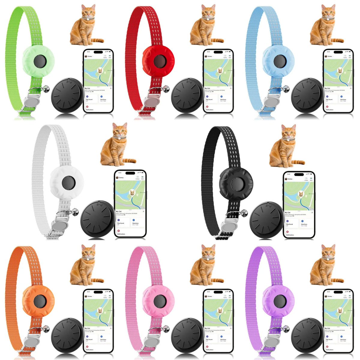 Various colored waterproof GPS pet trackers and safety collars for cats and small dogs shown with accompanying smartphones.