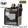 Brown ventilated bird travel backpack with perch and feeding cups tray and station stick