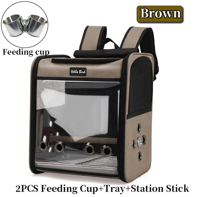 Brown ventilated bird travel backpack with perch and feeding cups tray and station stick