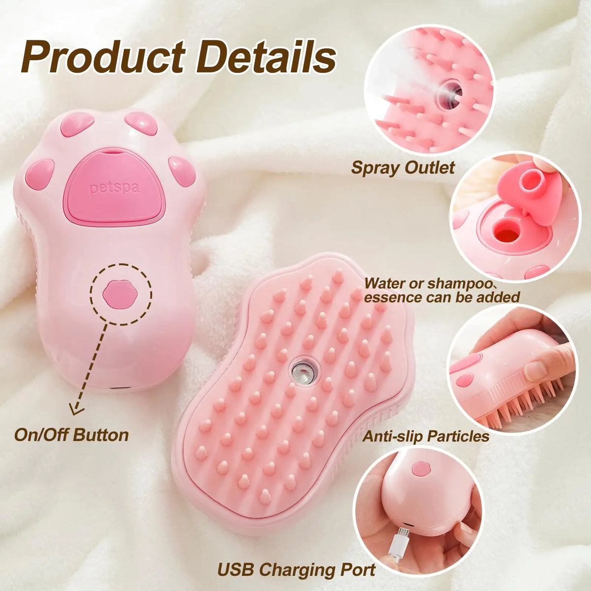 Pink electric pet grooming brush with spray outlet, anti-slip particles, and USB charging port.