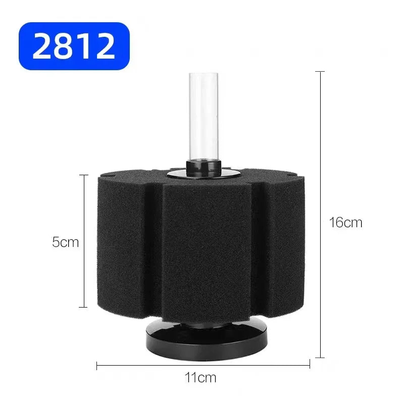 A black biochemical sponge filter with a clear tube, shown from the top view.